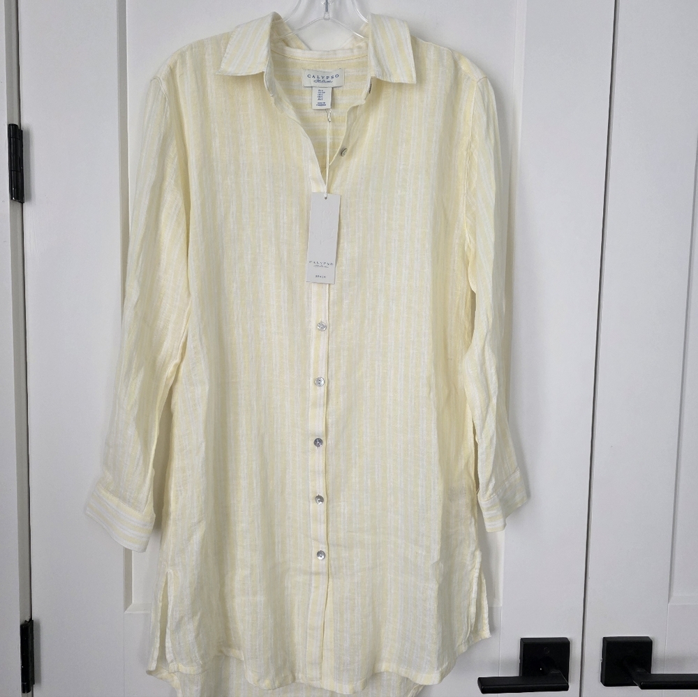 Calypso St Barth Beach Lightweight Button-Front Tunic in Pale Yellow Stripe